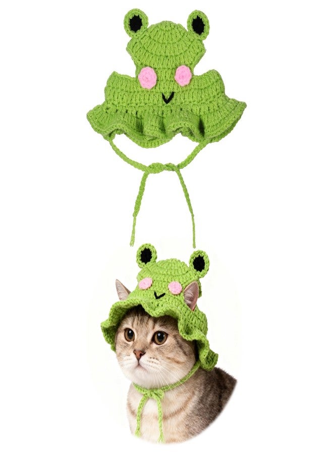 Zelphvt 1 PCS Cat Hat Cute Frog Shape Pet Cap Frog & Flower Cats Hat Cotton & Soft Cute Knitted Cats Hats Cutes Knitted Cat Costume for Small Pets (Green, M) - Image 1